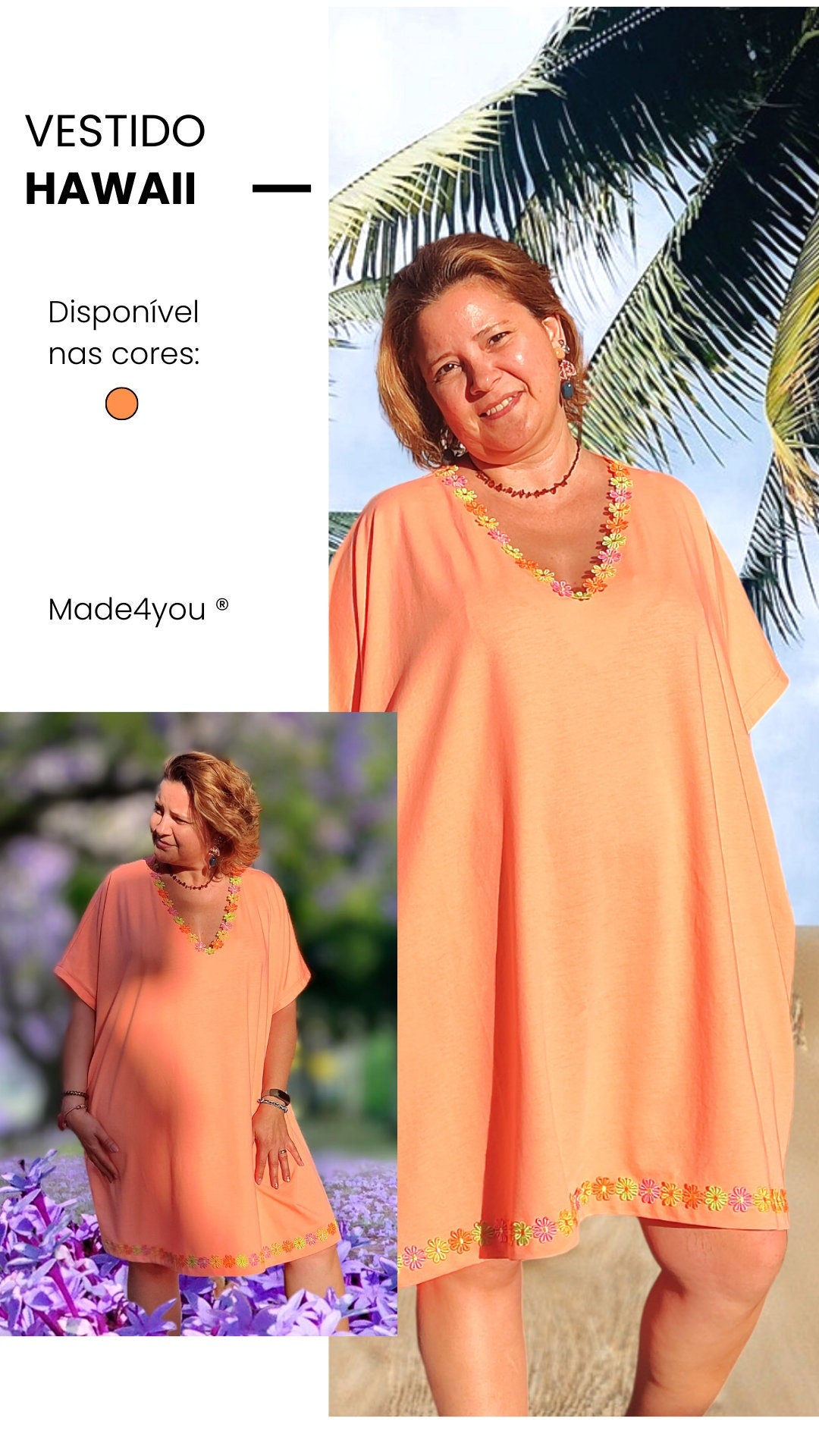 Vestido Largo Artesanal HAWAII – Peça Única Feita à Mão em Laranja com Detalhes Florais | Tamanho Único | Made4you