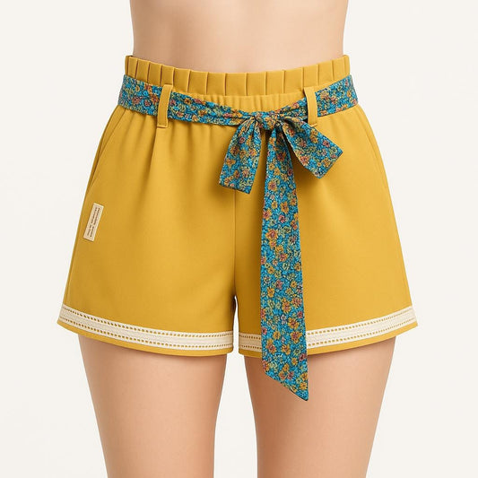 Calção artesanal de mulher em amarelo mostarda com pormenores de renda, cinto floral e efeito pregueado na cintura