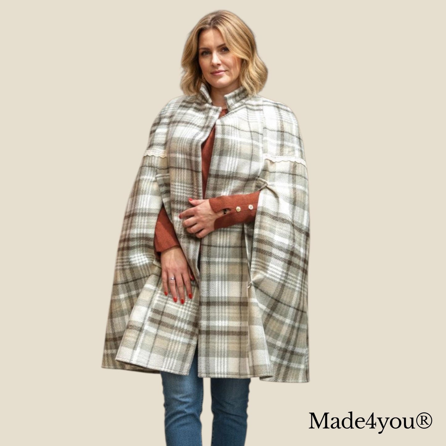 Capa de inverno para senhora em tecido xadrez, Casaco de inverno, Capa, Women Coat