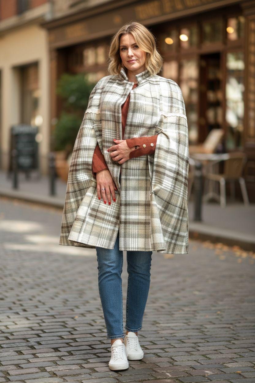 Capa de inverno para senhora em tecido xadrez, Casaco de inverno, Capa, Women Coat