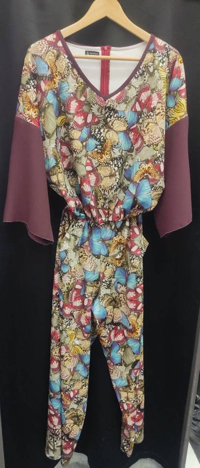 Macacão Artesanal Tamanho L com Estampa de Borboletas | Jumpsuit Boho Chic Feito à Mão | Roupa Única de Verão Festival Look