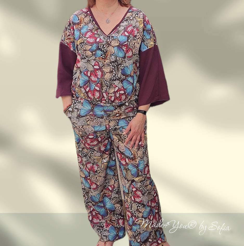 Macacão Artesanal Tamanho L com Estampa de Borboletas | Jumpsuit Boho Chic Feito à Mão | Roupa Única de Verão Festival Look