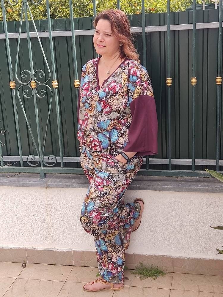 Macacão Artesanal Tamanho L com Estampa de Borboletas | Jumpsuit Boho Chic Feito à Mão | Roupa Única de Verão Festival Look