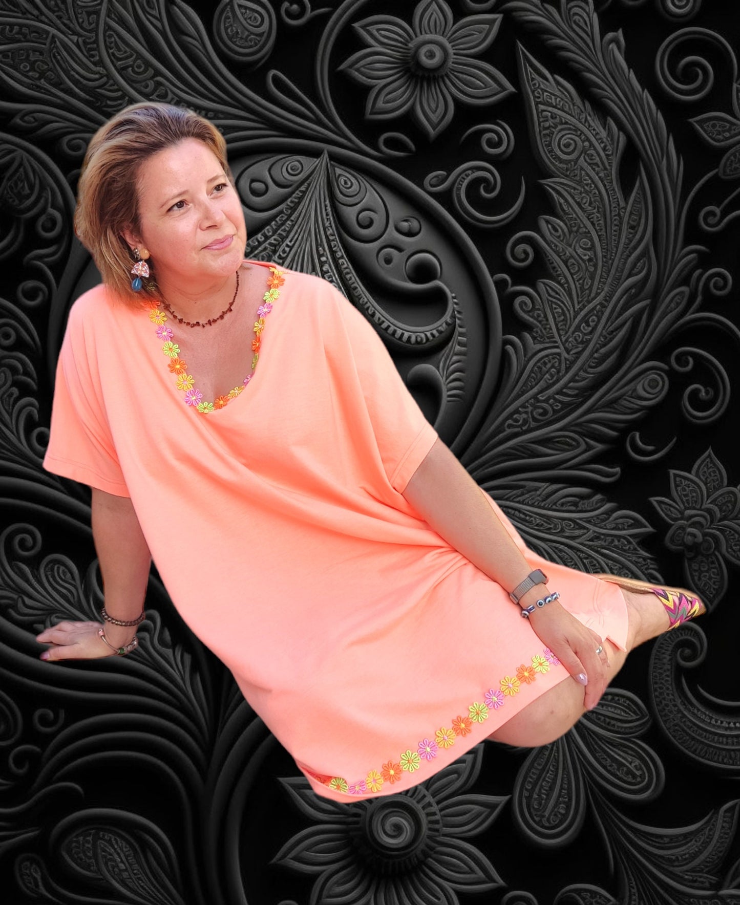 Vestido Largo Artesanal HAWAII – Peça Única Feita à Mão em Laranja com Detalhes Florais | Tamanho Único | Made4you