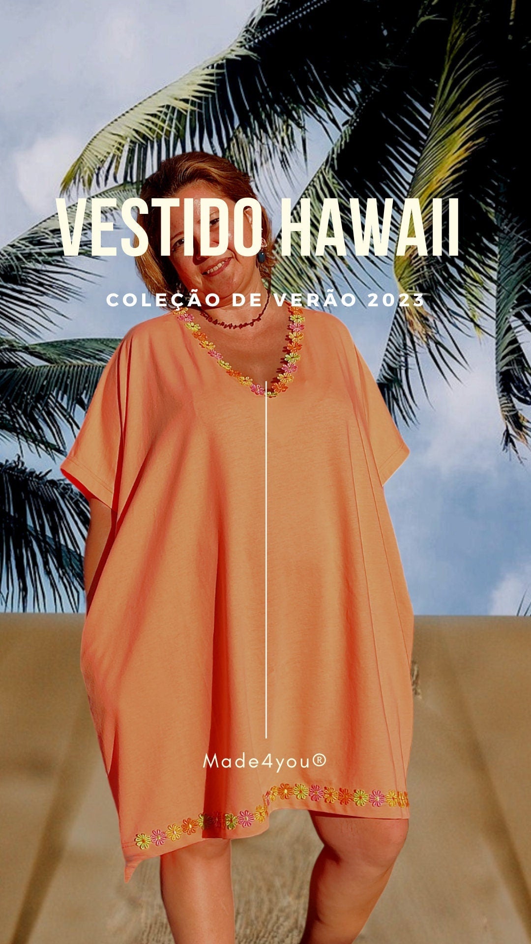 Vestido Largo Artesanal HAWAII – Peça Única Feita à Mão em Laranja com Detalhes Florais | Tamanho Único | Made4you