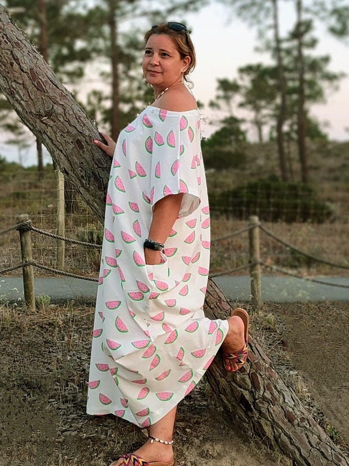 Vestido Longo Estampado de Melancias – Tamanhos inclusivos, Plus size, vestido de verão, oversized dress