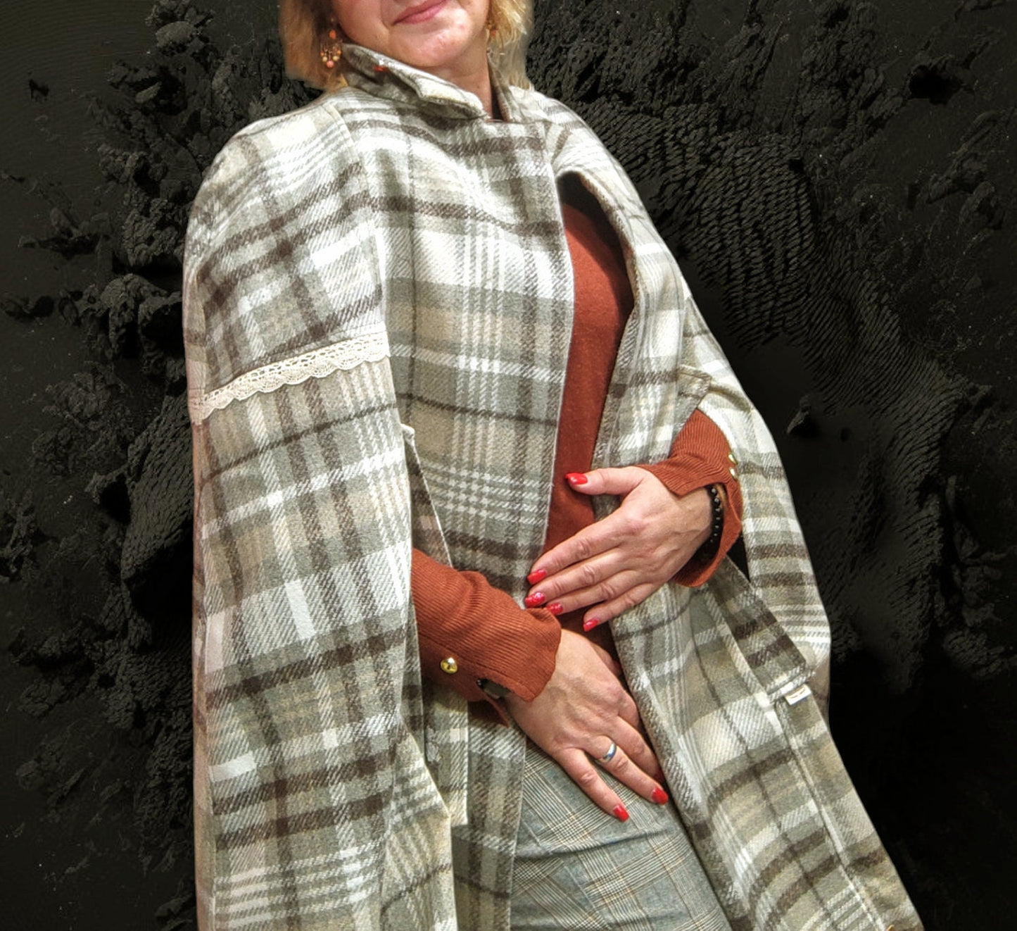 Capa de inverno para senhora em tecido xadrez, Casaco de inverno, Capa, Women Coat
