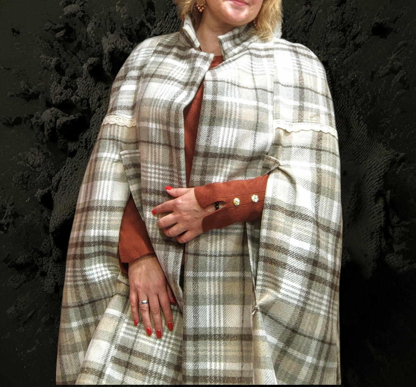 Capa de inverno para senhora em tecido xadrez, Casaco de inverno, Capa, Women Coat