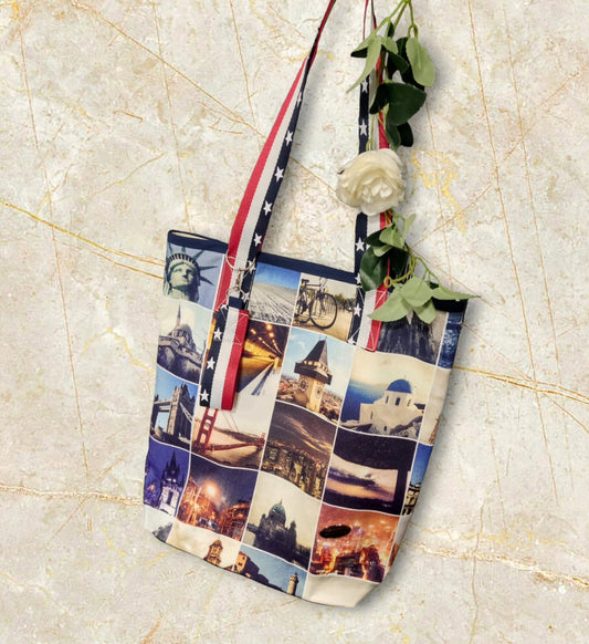 Tote bag em tecido percal com monumentos e ganga / Mala de mulher / Mala artesanal em tecido em tons de azul