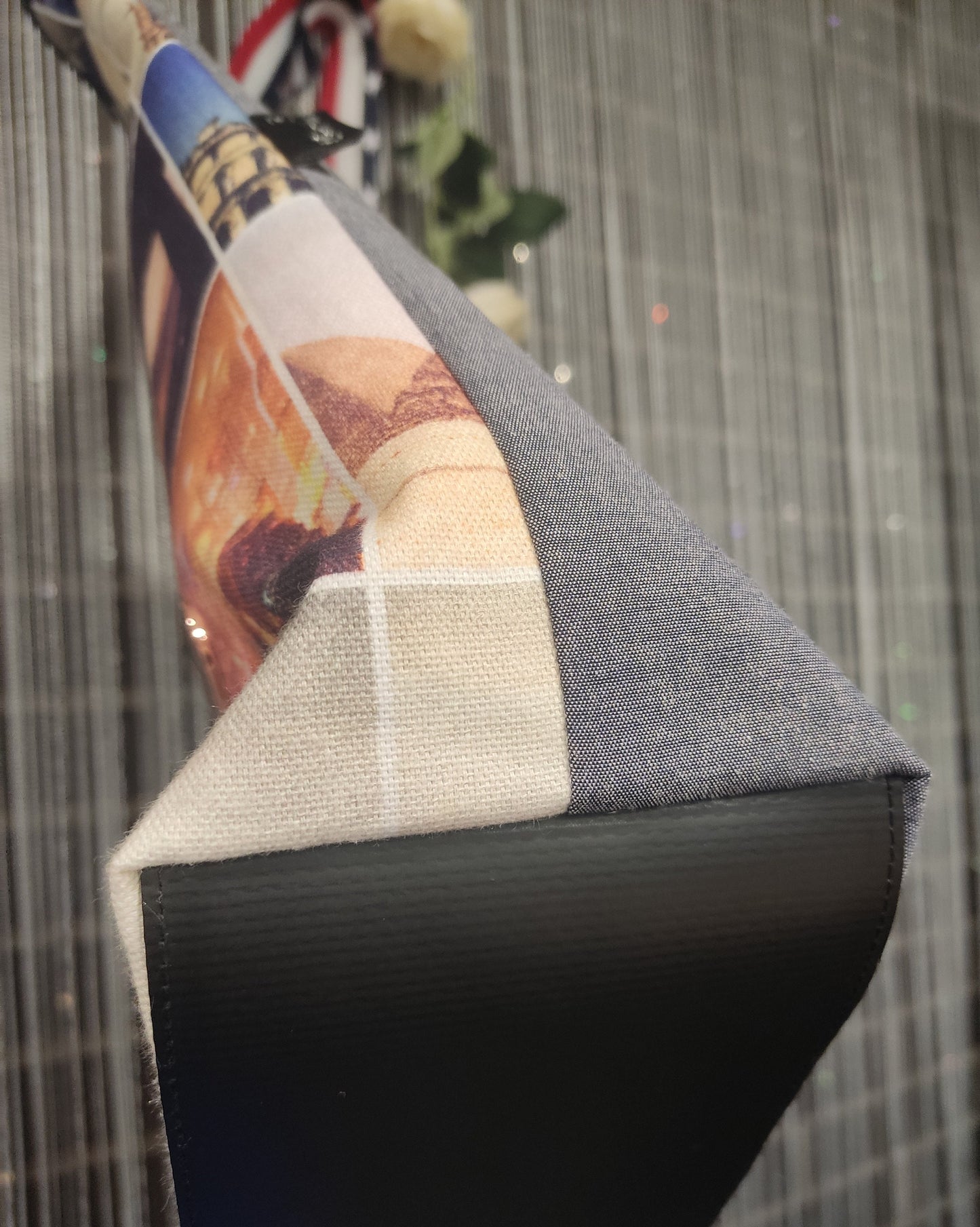 Tote bag em tecido percal com monumentos e ganga / Mala de mulher / Mala artesanal em tecido em tons de azul