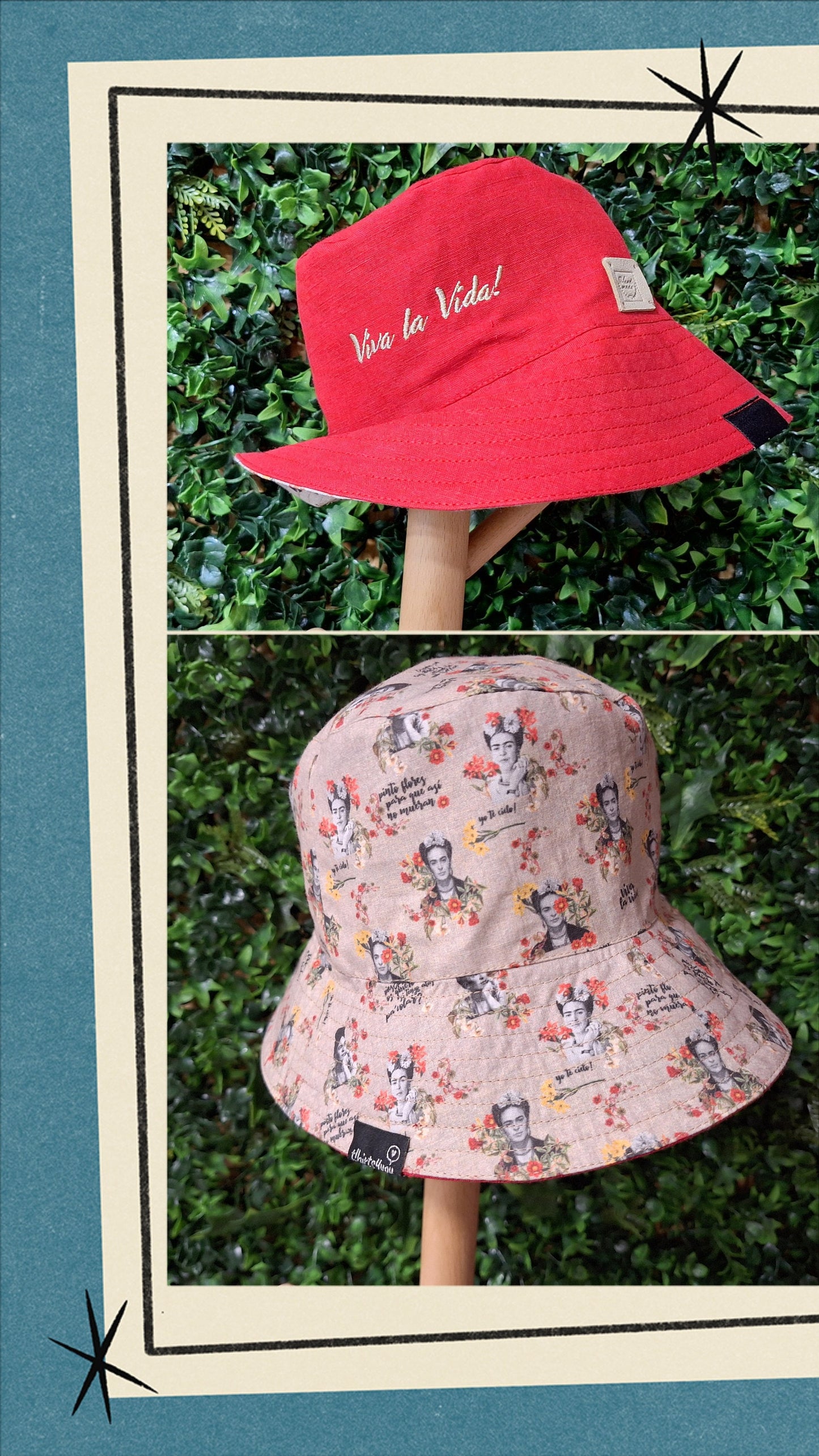 Panamá Frida Kahlo em linho vermelho, reversível, com bordado "viva la vida“ Chapéu de pano reversível. Embroidered fabric hat. Linen Hat.