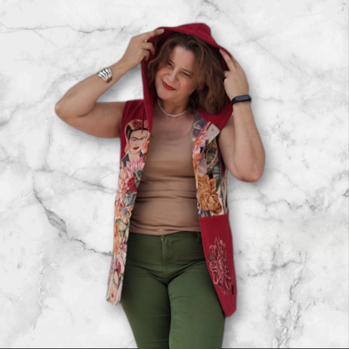 Colete Bordeaux com Arte Aplicada - Inspiração Frida Kahlo, Tamanho M