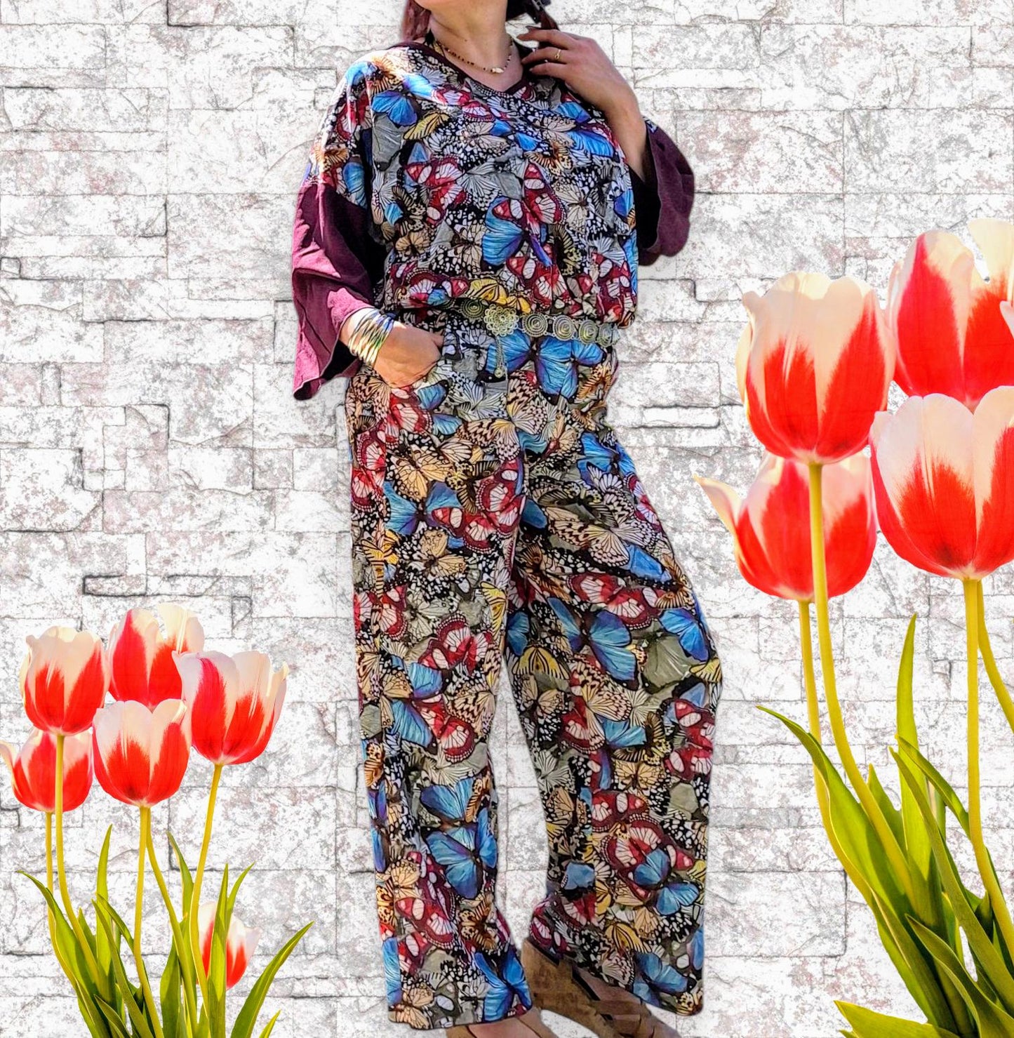 Macacão Artesanal Tamanho L com Estampa de Borboletas | Jumpsuit Boho Chic Feito à Mão | Roupa Única de Verão Festival Look