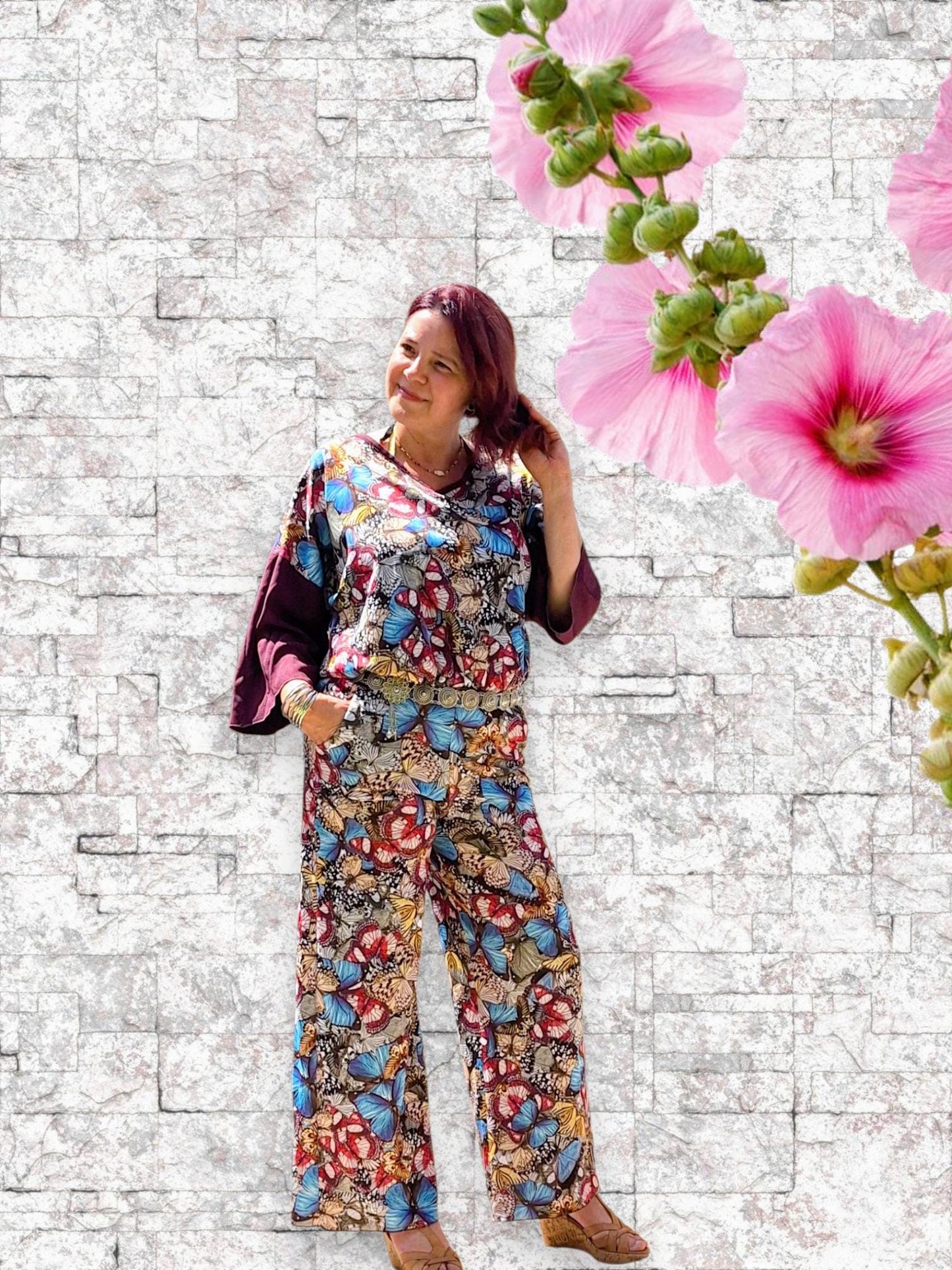 Macacão Artesanal Tamanho L com Estampa de Borboletas | Jumpsuit Boho Chic Feito à Mão | Roupa Única de Verão Festival Look