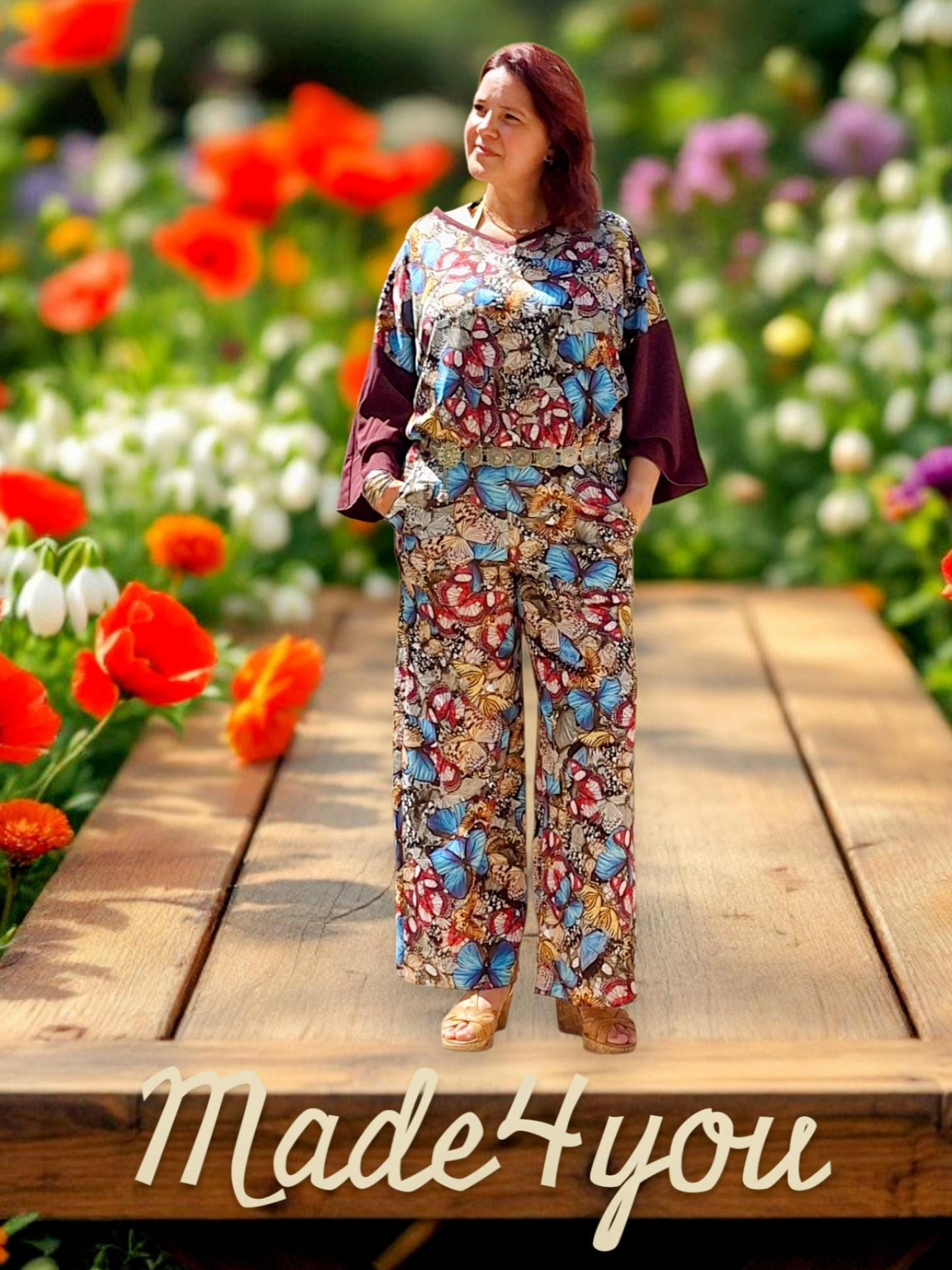 Macacão Artesanal Tamanho L com Estampa de Borboletas | Jumpsuit Boho Chic Feito à Mão | Roupa Única de Verão Festival Look