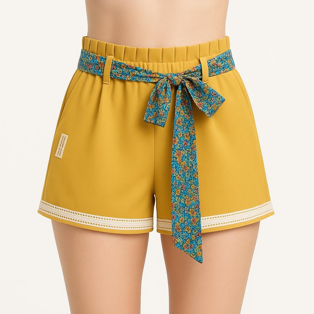 Calção artesanal de mulher em amarelo mostarda com pormenores de renda, cinto floral e efeito pregueado na cintura