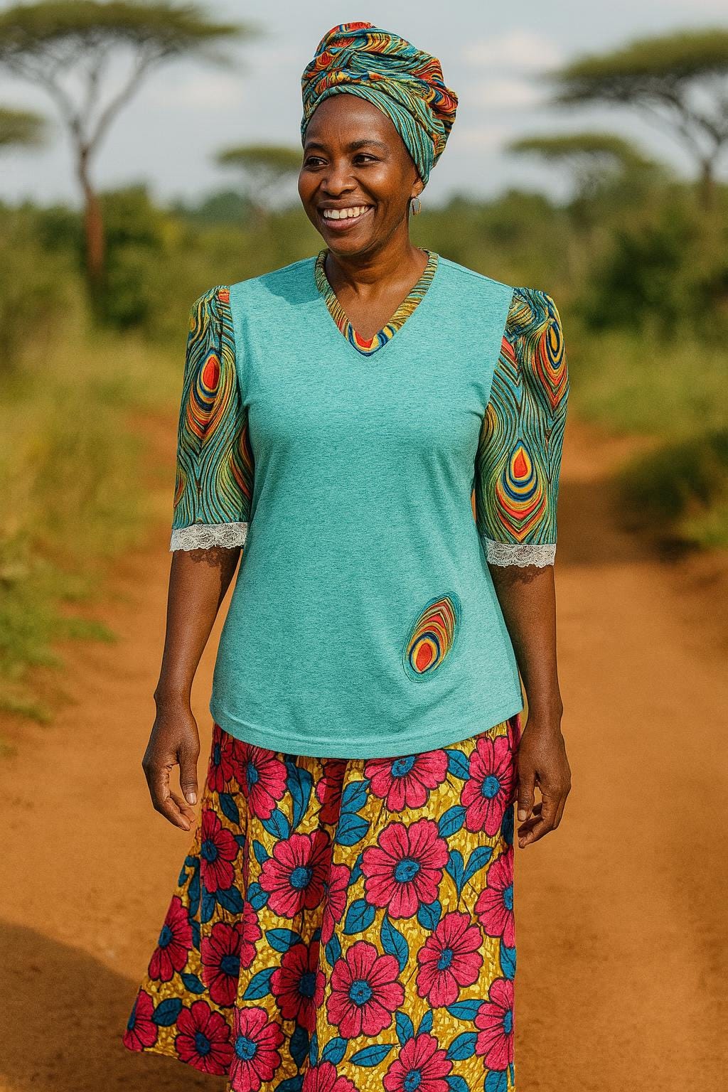 T-shirt para senhora em algodão azul com mangas em balão feitas em capulana com desenho de penas de pavão, disponível em vários tamanhos