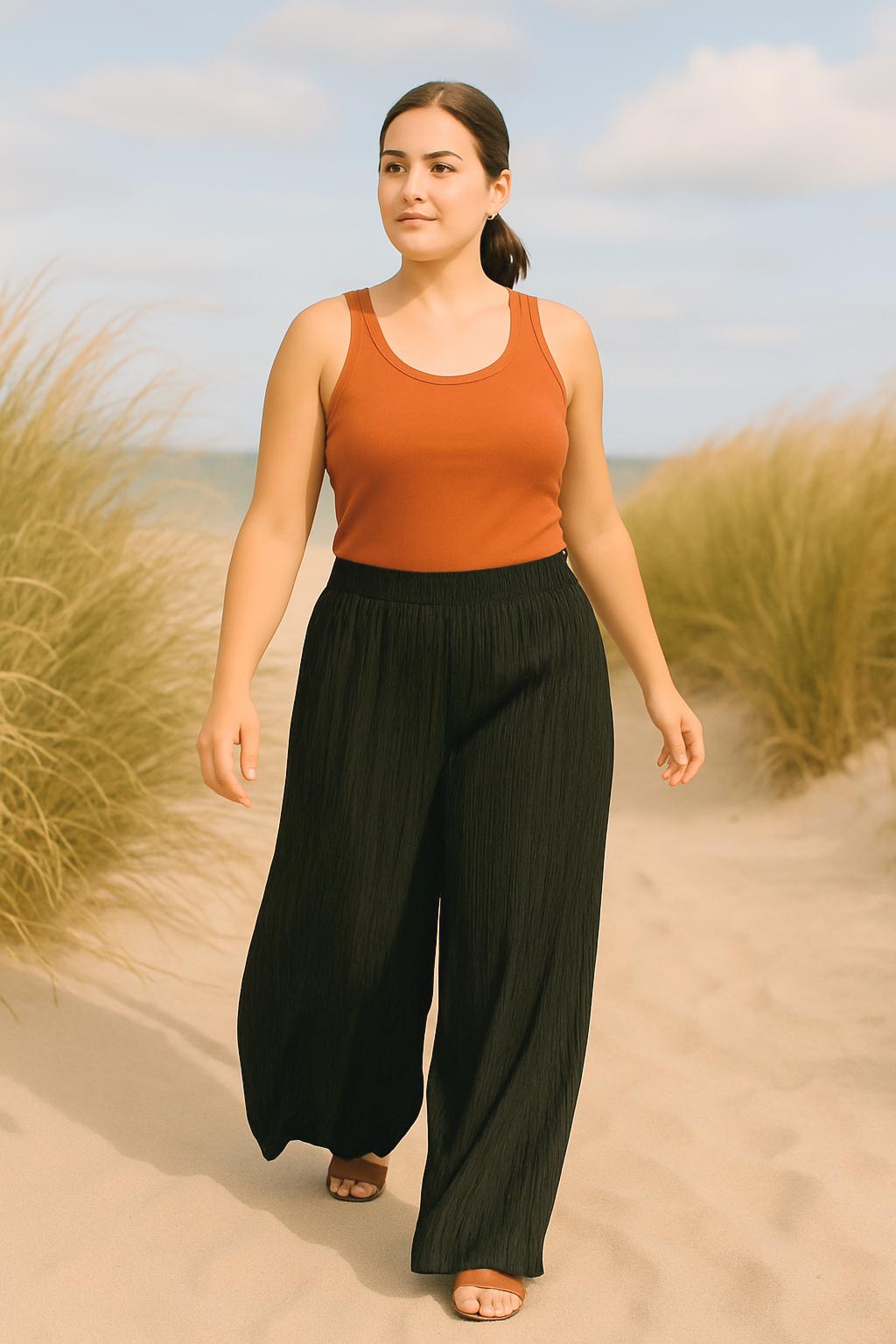 Calças Pretas Plissadas com Elástico – Tamanho L/XL – Fluidez e Conforto – Roupa Feminina Made4you® Plus Size