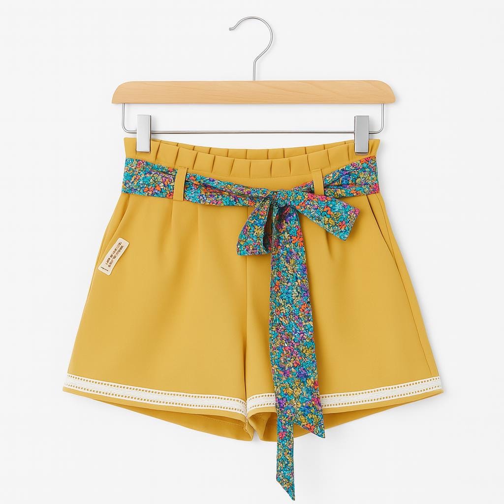 Calção artesanal de mulher em amarelo mostarda com pormenores de renda, cinto floral e efeito pregueado na cintura