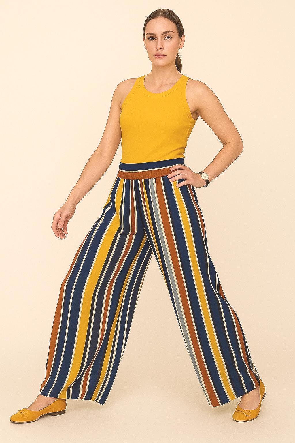 Calças Largas às Riscas com Aberturas Laterais – Tamanho Único – Cintura com Elástico – Roupa Feminina Made4you®