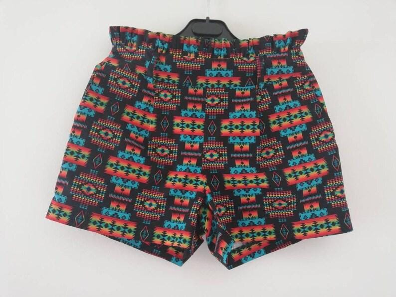 Geometric Cotton Shorts with High Waist Ruffle | Made4you® Portugal | Size M | Aztec-Inspired Summer Bottoms