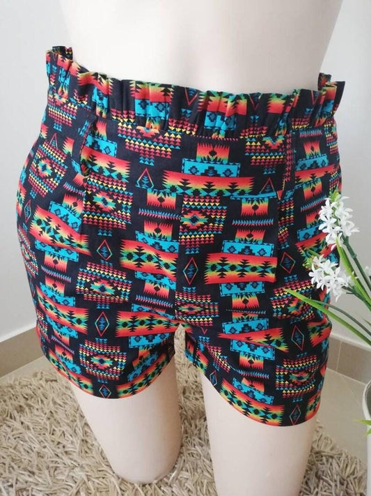 Geometric Cotton Shorts with High Waist Ruffle | Made4you® Portugal | Size M | Aztec-Inspired Summer Bottoms