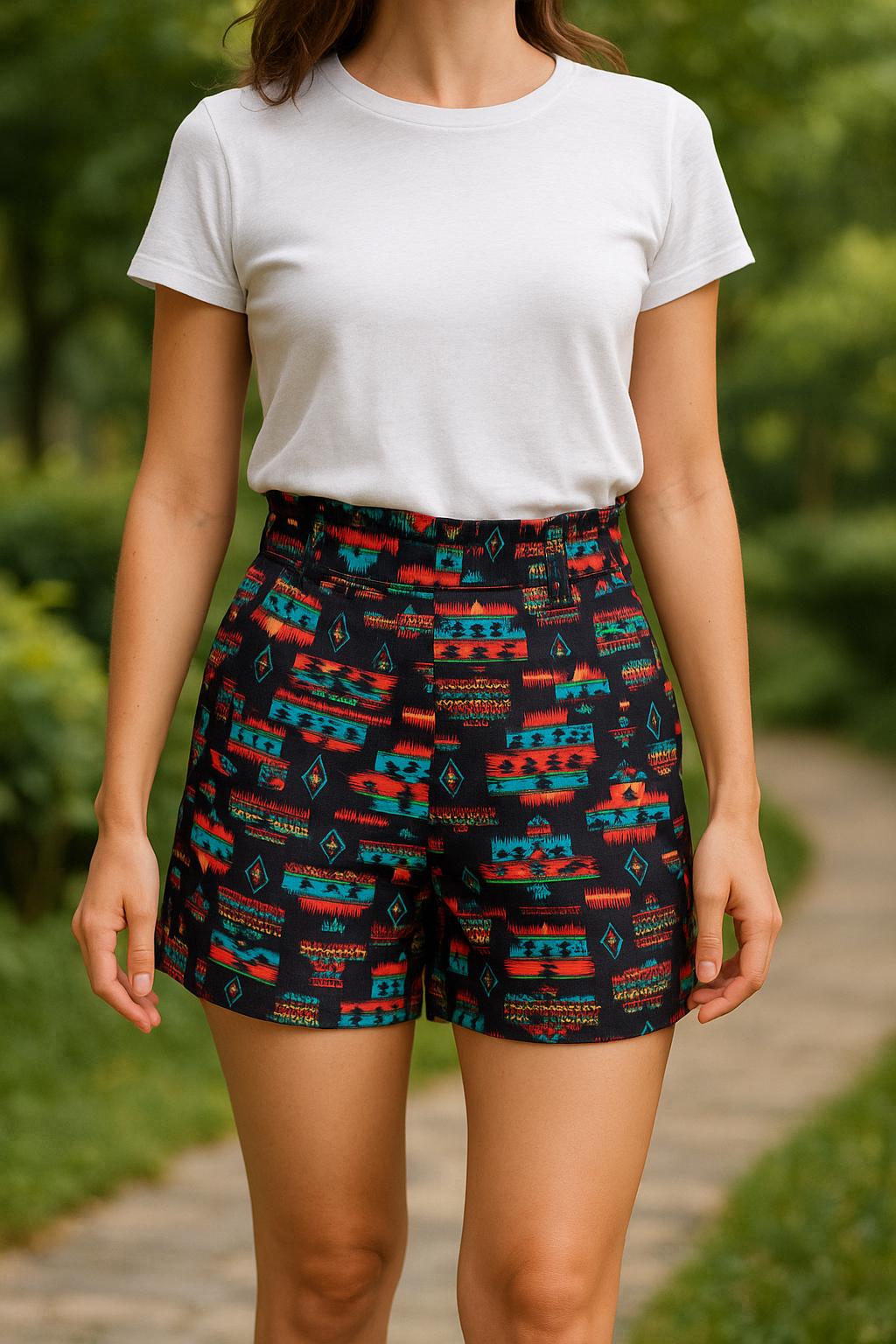 Geometric Cotton Shorts with High Waist Ruffle | Made4you® Portugal | Size M | Aztec-Inspired Summer Bottoms