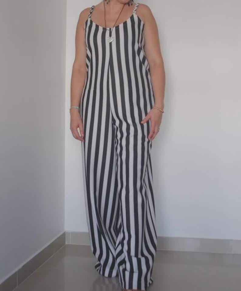 Striped Wide-Leg Jumpsuit in Black & White | Crepe Romper Handmade in Portugal | Unique Size with Pockets