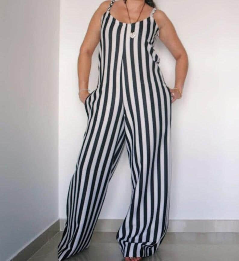 Striped Wide-Leg Jumpsuit in Black & White | Crepe Romper Handmade in Portugal | Unique Size with Pockets