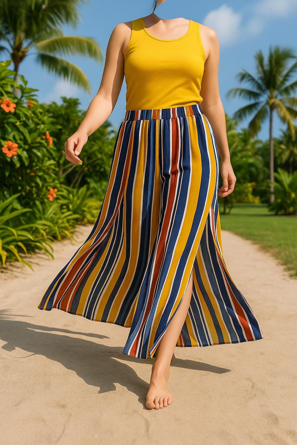 Calças Largas às Riscas com Aberturas Laterais – Tamanho Único – Cintura com Elástico – Roupa Feminina Made4you®