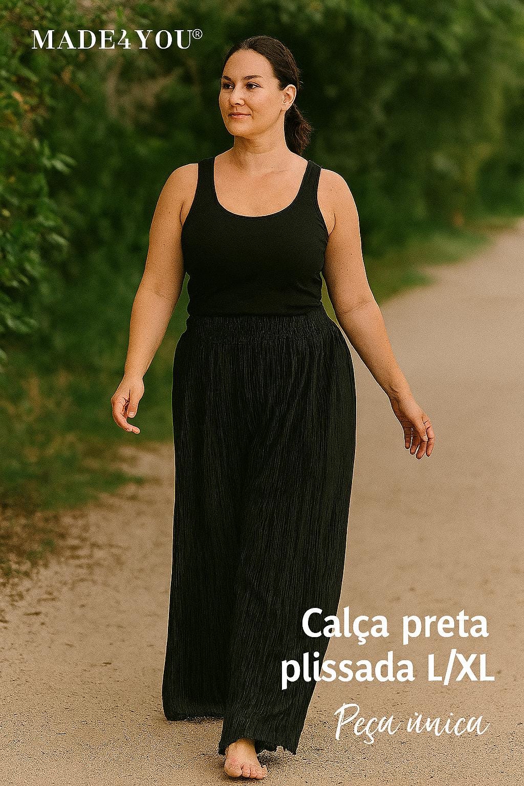 Calças Pretas Plissadas com Elástico – Tamanho L/XL – Fluidez e Conforto – Roupa Feminina Made4you® Plus Size
