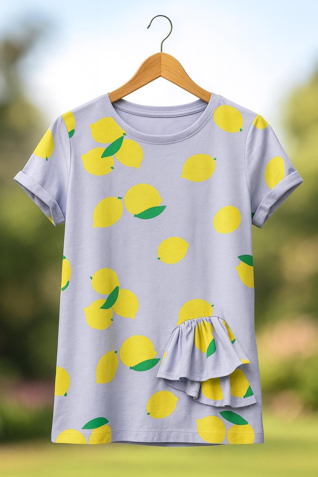 T-shirt feminina com estampa de limão | Blusa de verão feita à mão | Ruffle top exclusivo | Roupa artesanal Made in Portugal