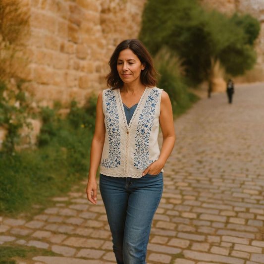 Colete Artesanal com Bordado Azul – Linho Reciclado e Costas em Ganga – Upcycled – M/L