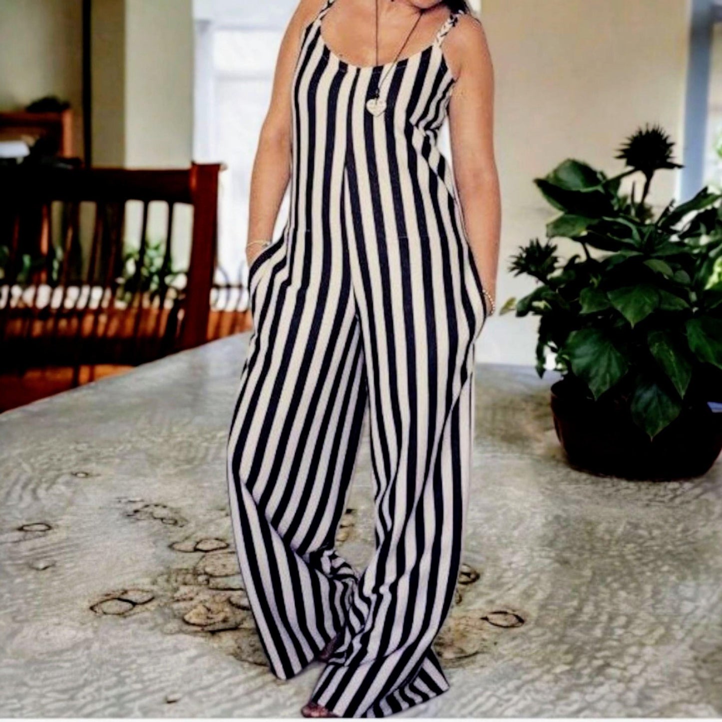 Striped Wide-Leg Jumpsuit in Black & White | Crepe Romper Handmade in Portugal | Unique Size with Pockets