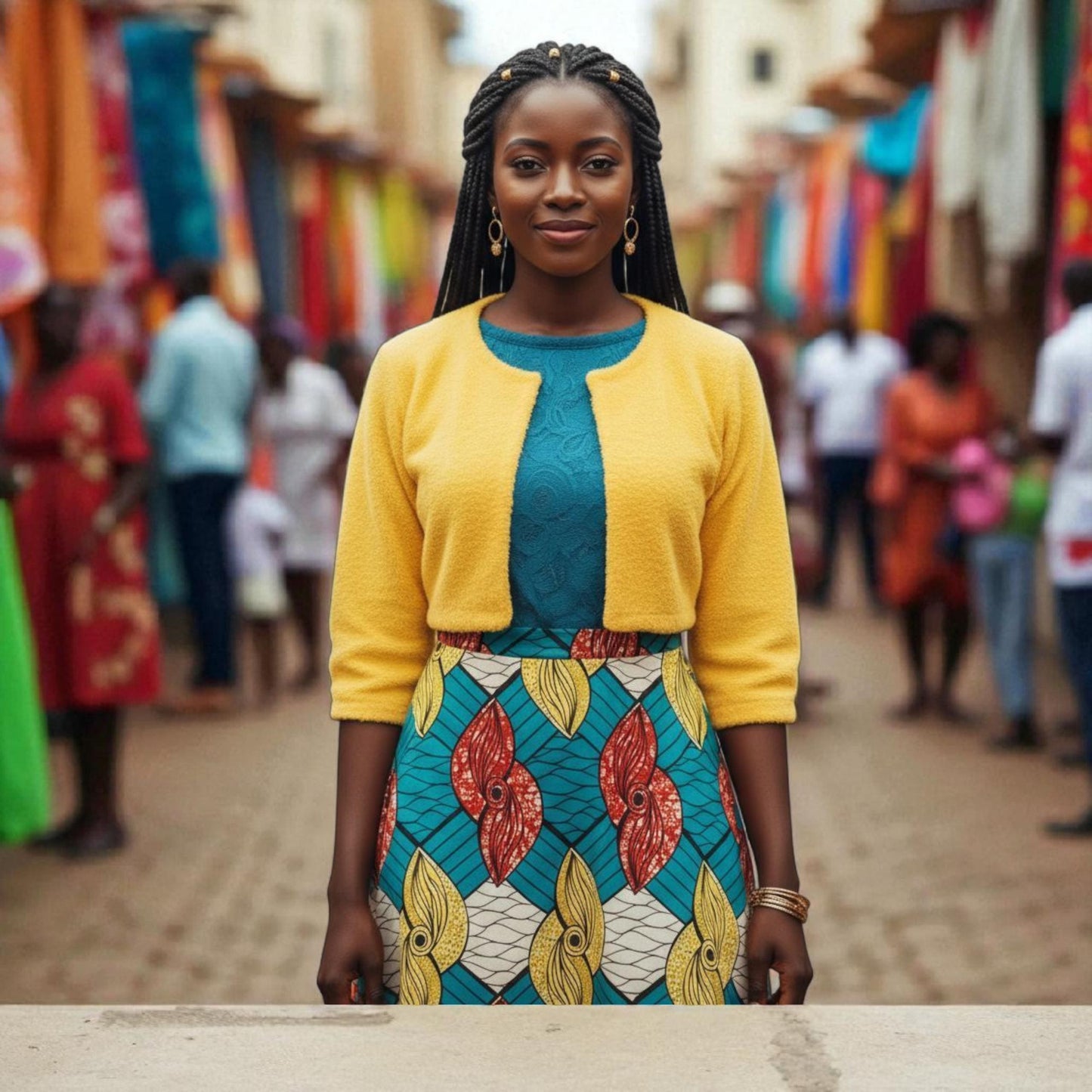 Conjunto Amara composto por Saia em Capulana, Blusa de renda, Casaco amarelo de felpa | Made4you® | Peças vendidas em separado ou conjunto