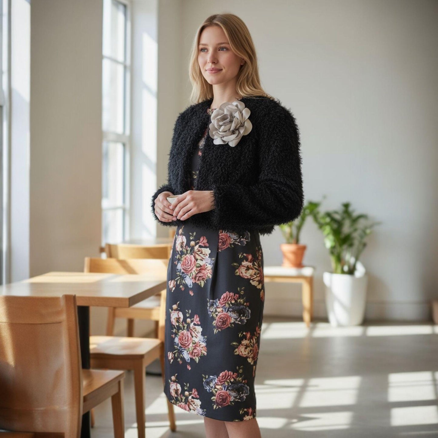 Conjunto Rosália -  Vestido elegante floral com casaco felpudo preto – vestido de festa e bolero | Elegant floral dress
