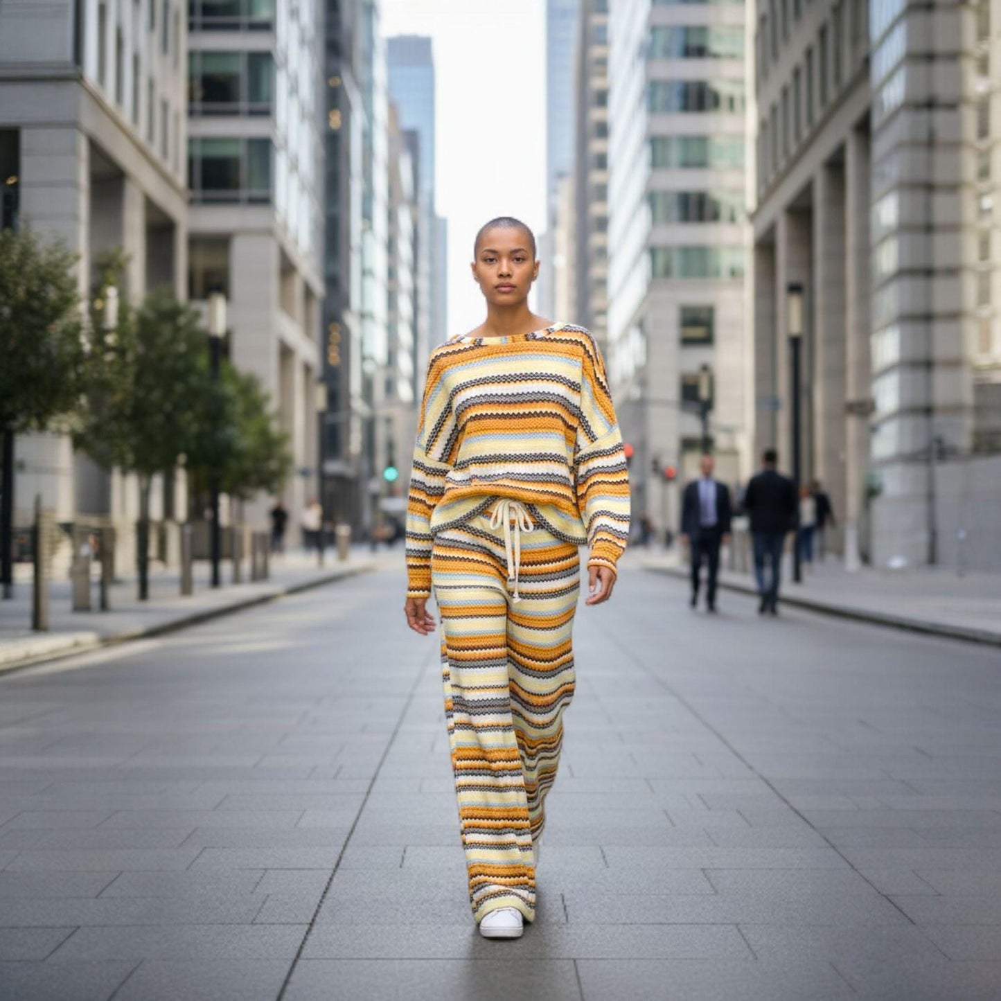 Coordenado de malha com padrão zig zag amarelo e castanho | Conjunto confortável de duas peças | Estilo casual e exclusivo Made4you®