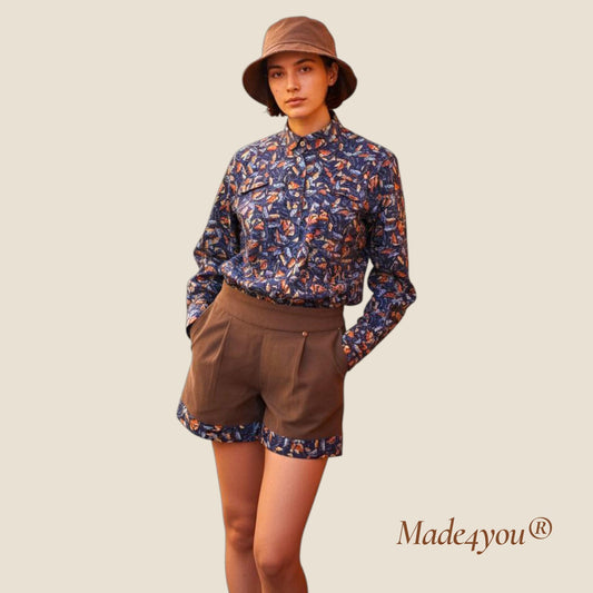 Conjunto Calção + Camisa + Chapéu | Conjunto Andorinha | Made4you® | Camisa tropical e calções em tons terra | Moda portuguesa artesanal