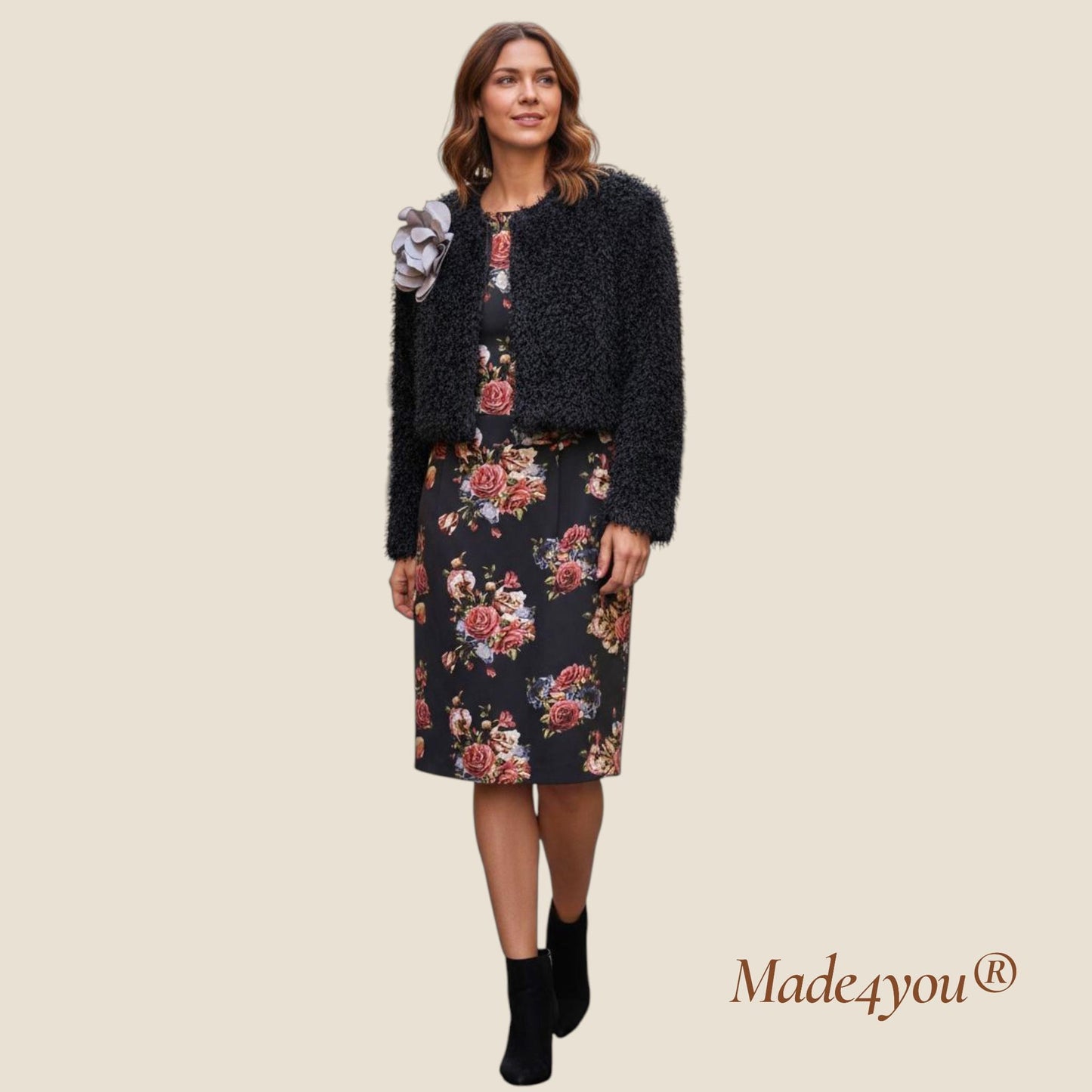 Conjunto Rosália -  Vestido elegante floral com casaco felpudo preto – vestido de festa e bolero | Elegant floral dress