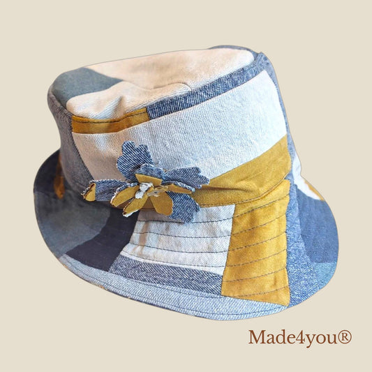 Chapéu bucket patchwork em ganga e mostarda | Chapéu reversível artesanal Made4you® | Acessório sustentável e exclusivo feito em Portugal