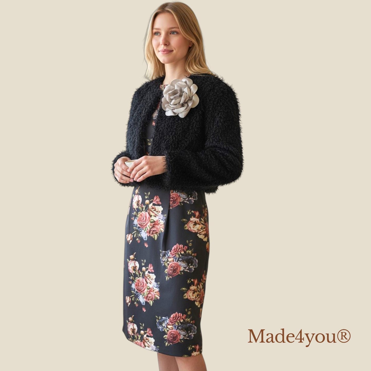 Conjunto Rosália -  Vestido elegante floral com casaco felpudo preto – vestido de festa e bolero | Elegant floral dress