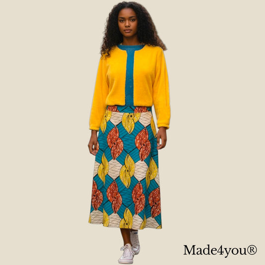 Conjunto Amara composto por Saia em Capulana, Blusa de renda, Casaco amarelo de felpa | Made4you® | Peças vendidas em separado ou conjunto