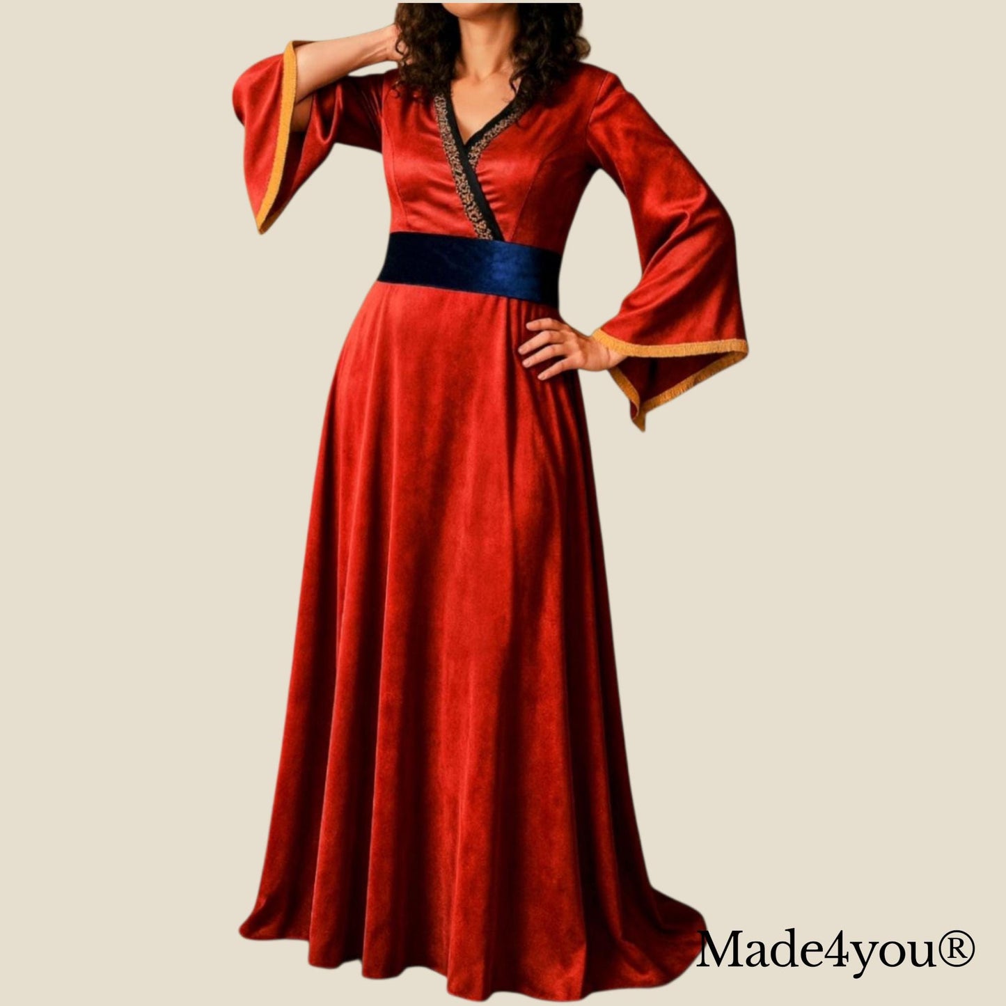 Vestido Medieval em veludo vermelho com faixa azul tamanho M