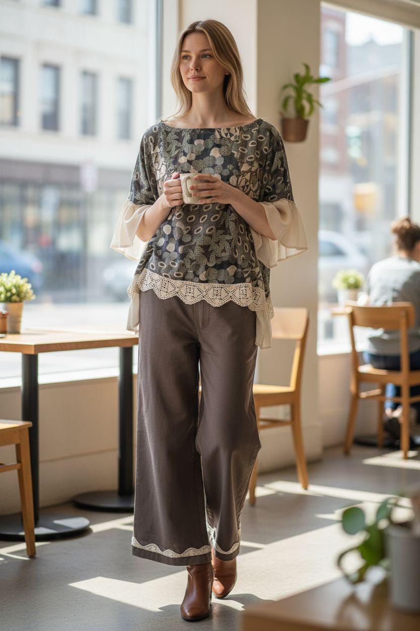 Conjunto Bruma – Blusa fluida estampada e calça chocolate com renda | Coordenado elegante feminino | Roupa confortável, sofisticada Made4you