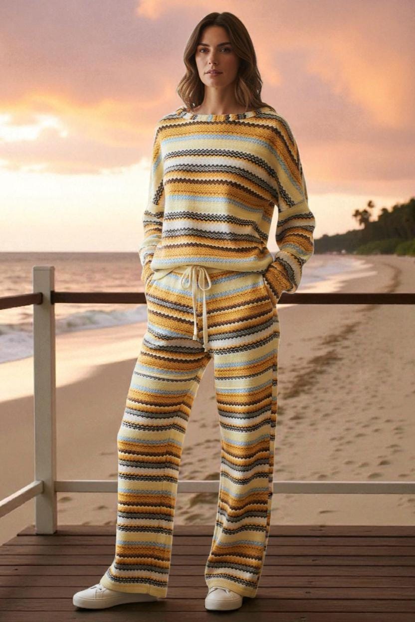 Coordenado de malha com padrão zig zag amarelo e castanho | Conjunto confortável de duas peças | Estilo casual e exclusivo Made4you®