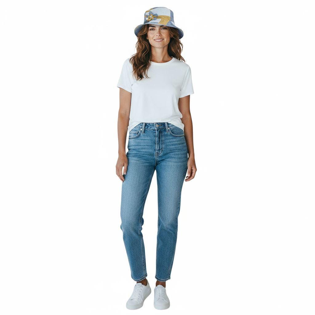 Chapéu bucket patchwork em ganga e mostarda | Chapéu reversível artesanal Made4you® | Acessório sustentável e exclusivo feito em Portugal