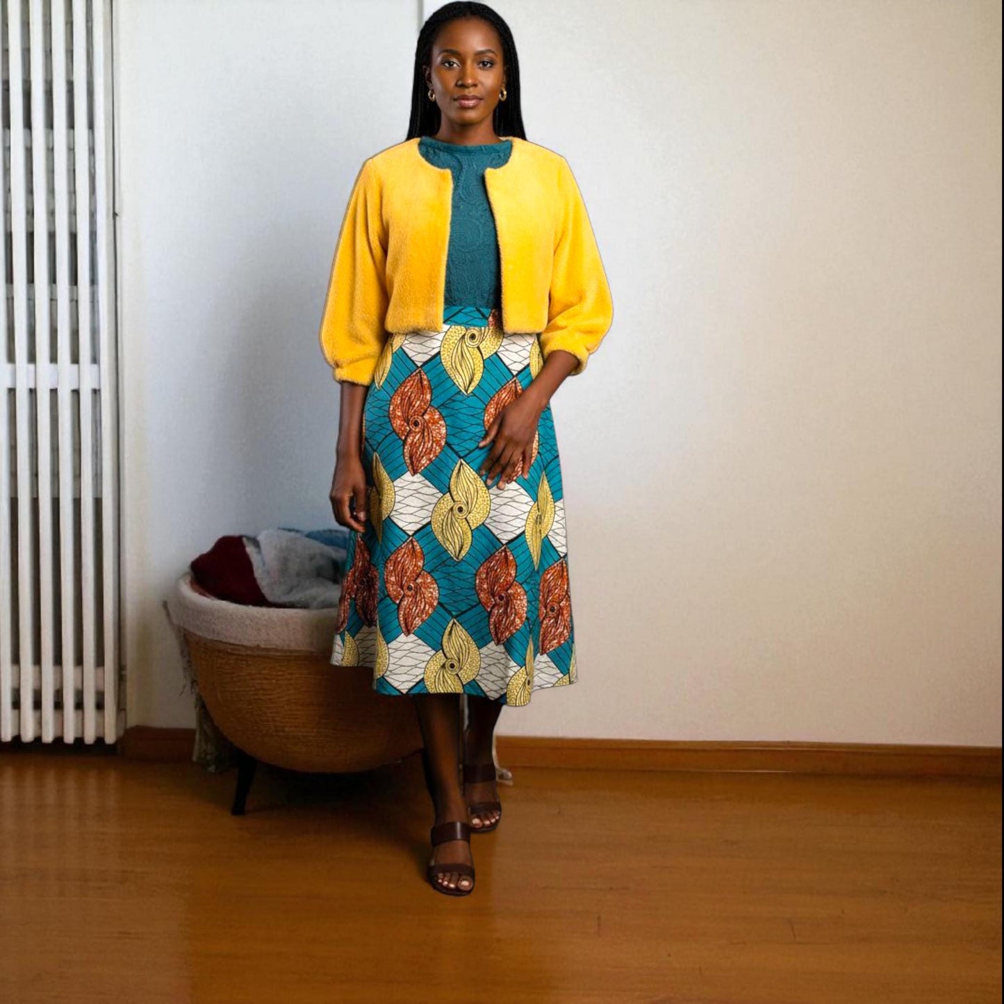 Conjunto Amara composto por Saia em Capulana, Blusa de renda, Casaco amarelo de felpa | Made4you® | Peças vendidas em separado ou conjunto