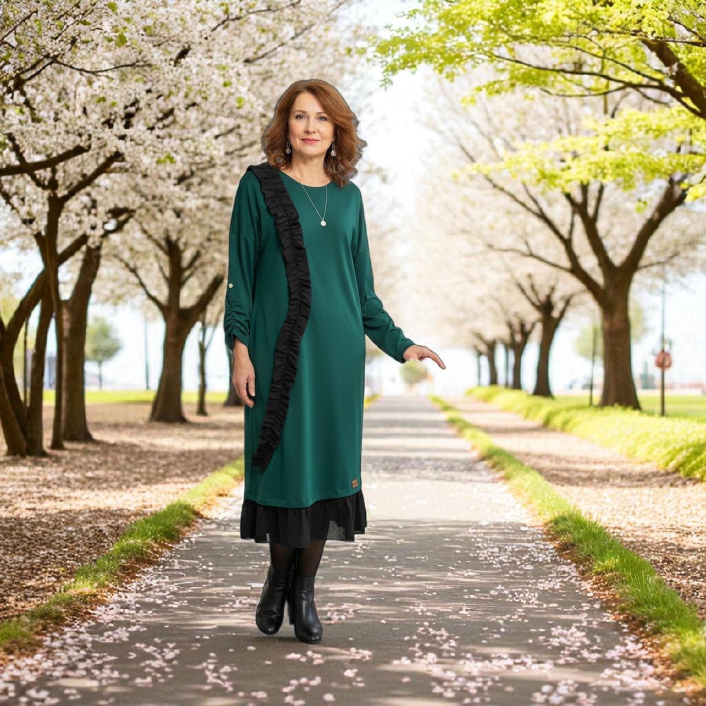 Vestido Oliva – Verde em Malha Punto Roma com Folho Assimétrico | Made4you®