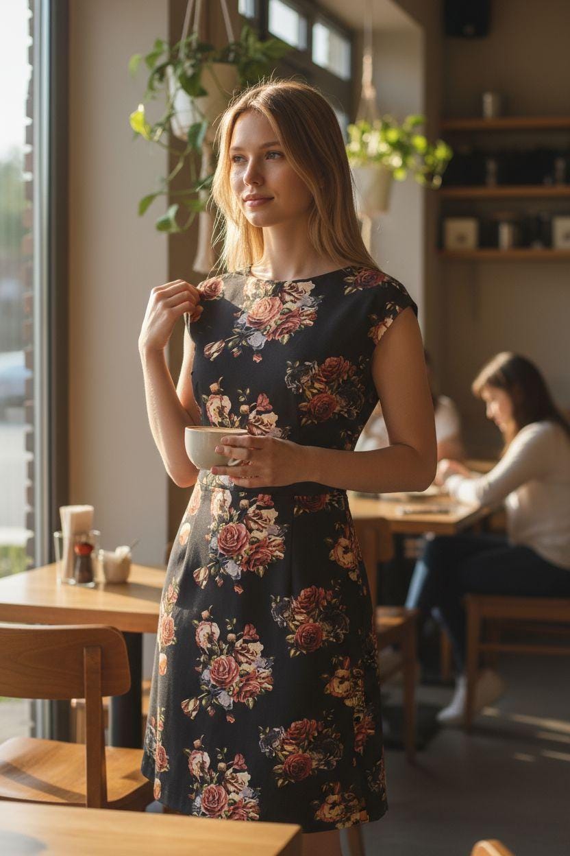 Conjunto Rosália -  Vestido elegante floral com casaco felpudo preto – vestido de festa e bolero | Elegant floral dress