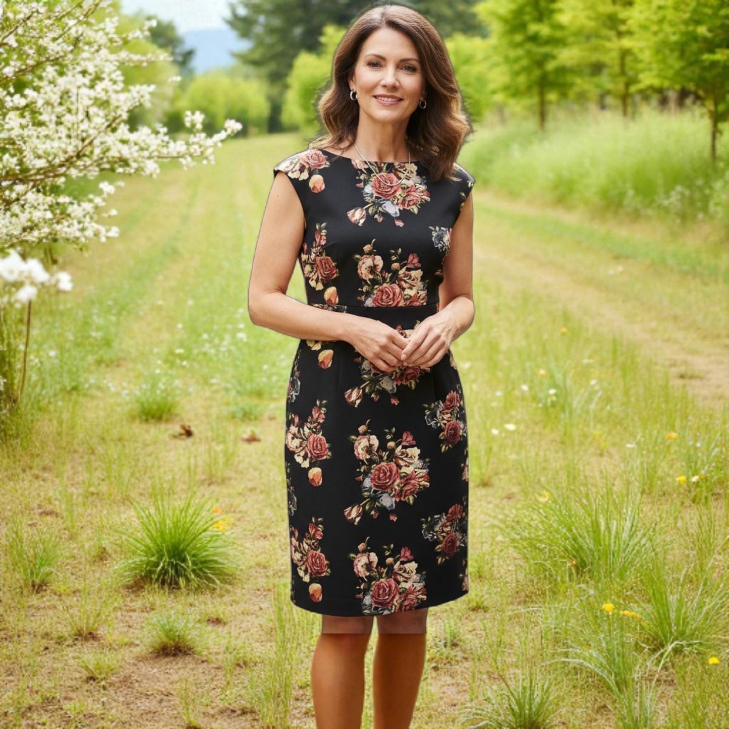 Conjunto Rosália -  Vestido elegante floral com casaco felpudo preto – vestido de festa e bolero | Elegant floral dress